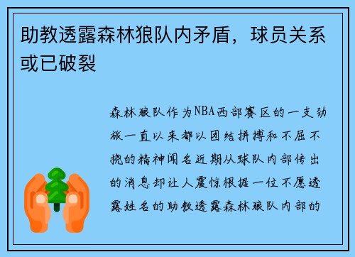 助教透露森林狼队内矛盾，球员关系或已破裂