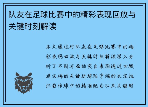 队友在足球比赛中的精彩表现回放与关键时刻解读