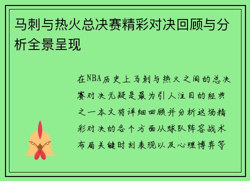 马刺与热火总决赛精彩对决回顾与分析全景呈现